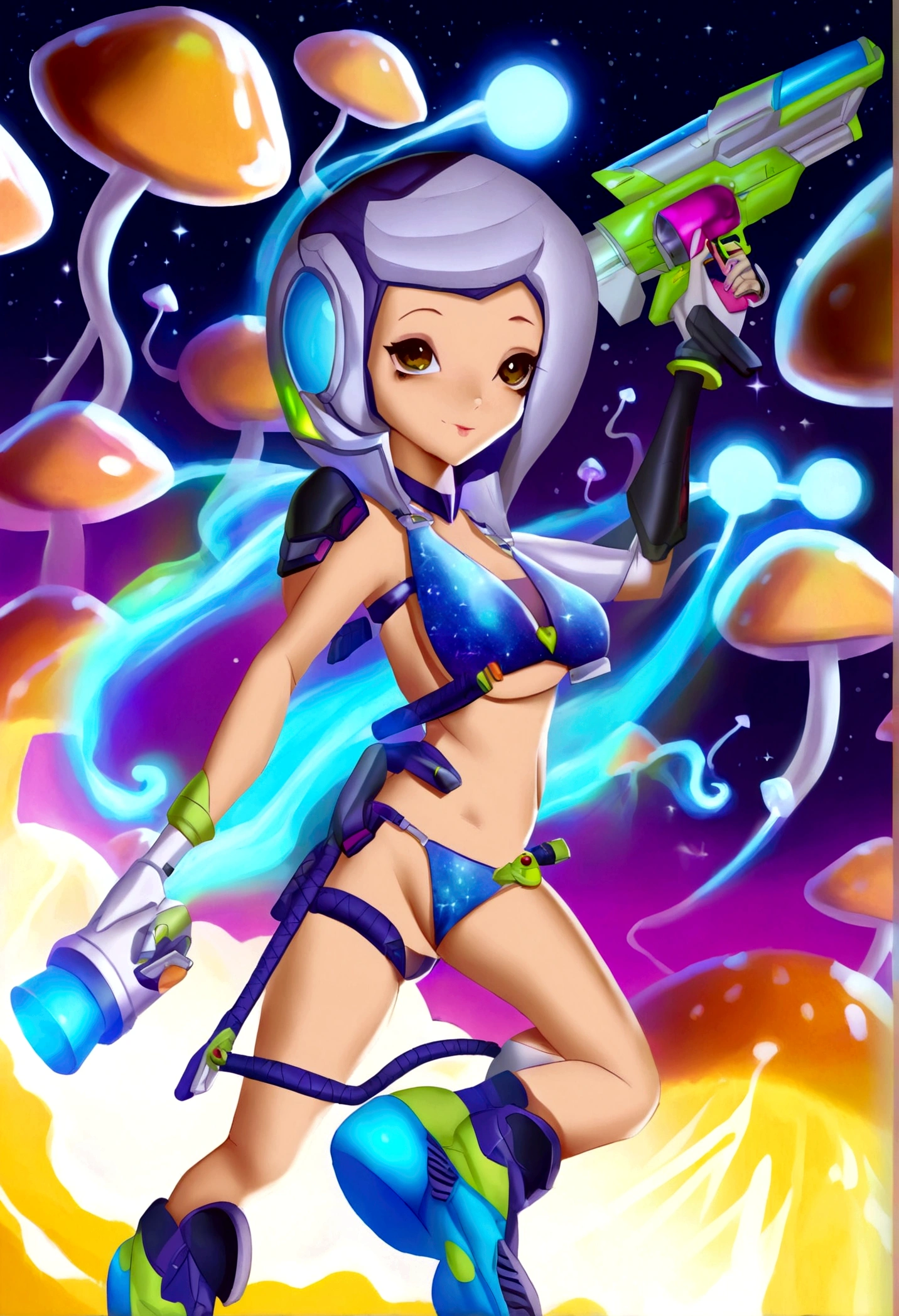 A cute woman (jet boots, jet pack, space adventurer bikini, laser pistol, future hairdo), is exploring an alien world covered in mushrooms and tiny goblin like creaures
