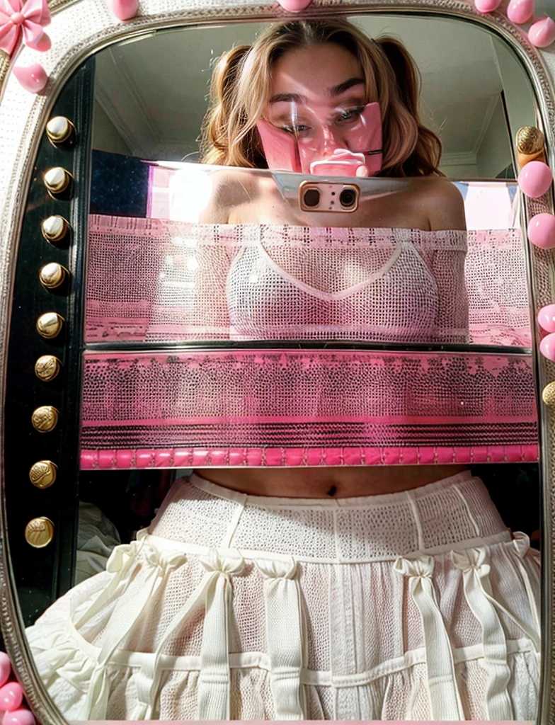 Sabrina Carpenter, smiling, white bra, pink skirt, selfie on mirror