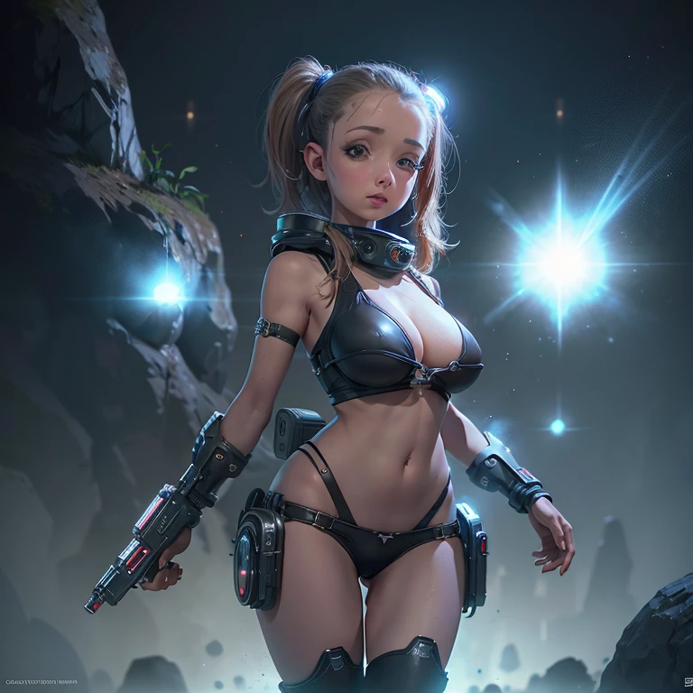 a cute woman, jet boots, jet pack, space adventurer bikini, laser pistol, future hairdo, exploring alien world, mushrooms, tiny goblin-like creatures, detailed face, realistic, cinematic lighting, vibrant colors, high resolution, 8k, photorealistic, detailed environment, award winning concept art, hyper detailed, studio quality