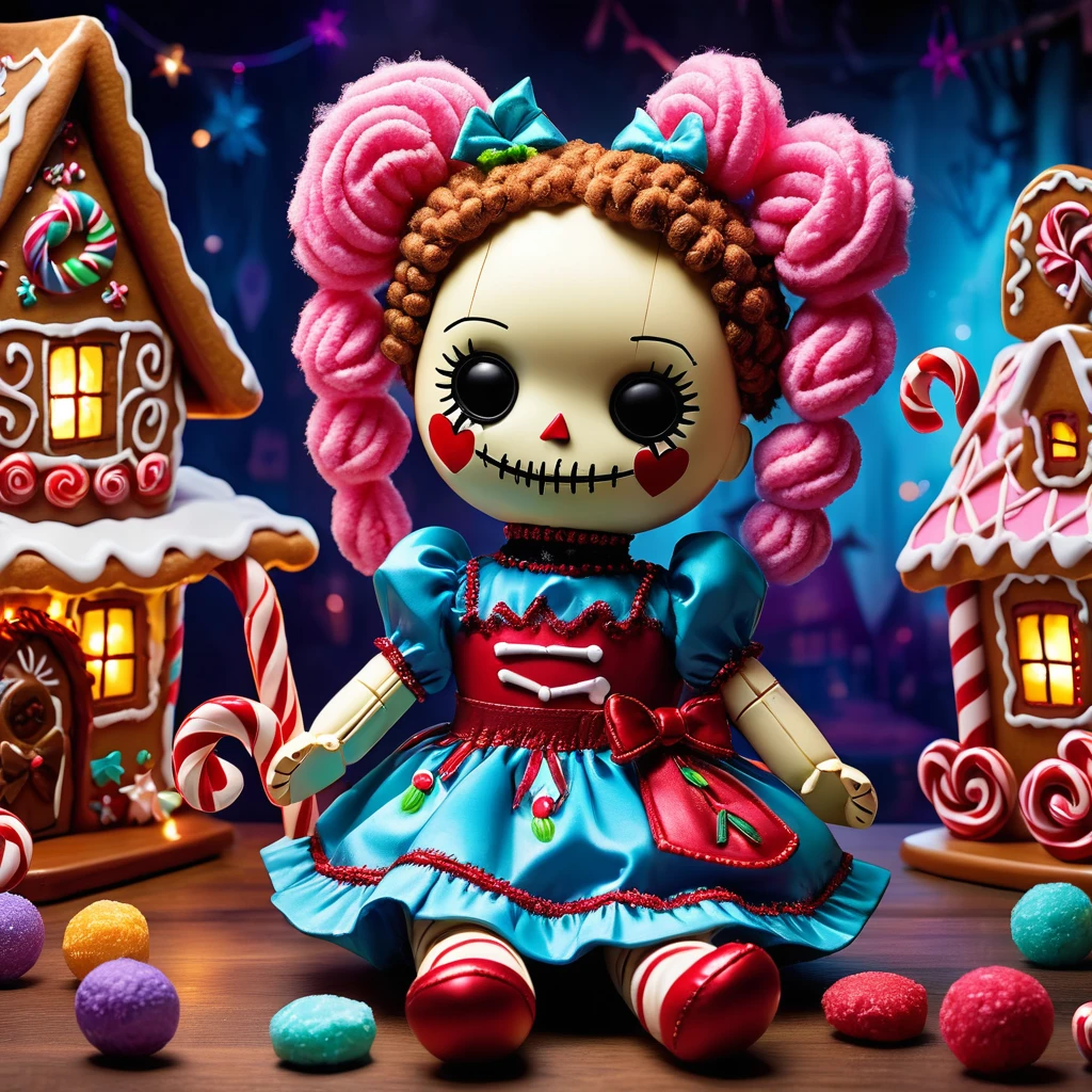 (knitted toy voodoo doll:1.5), (Voodoo Doll in a Sugarland:1.3), (Clothing: candy attire with sugary patterns:1.0), (Accessories: enchanted lollipop emitting sweet glow, floating candy floss:1.1), (background: fantastical sugarland with candy canes, chocolate rivers, and gingerbread houses:1.2), best quality, masterpiece, detailed soft oil painting, detailed background, dramatic cinematic lighting, soft edge lighting, professional, dramatic lighting, hard edge lighting, ultra quality, 4k,masterpiece, best quality, 8k, ultra highres, highres, extremely detailed