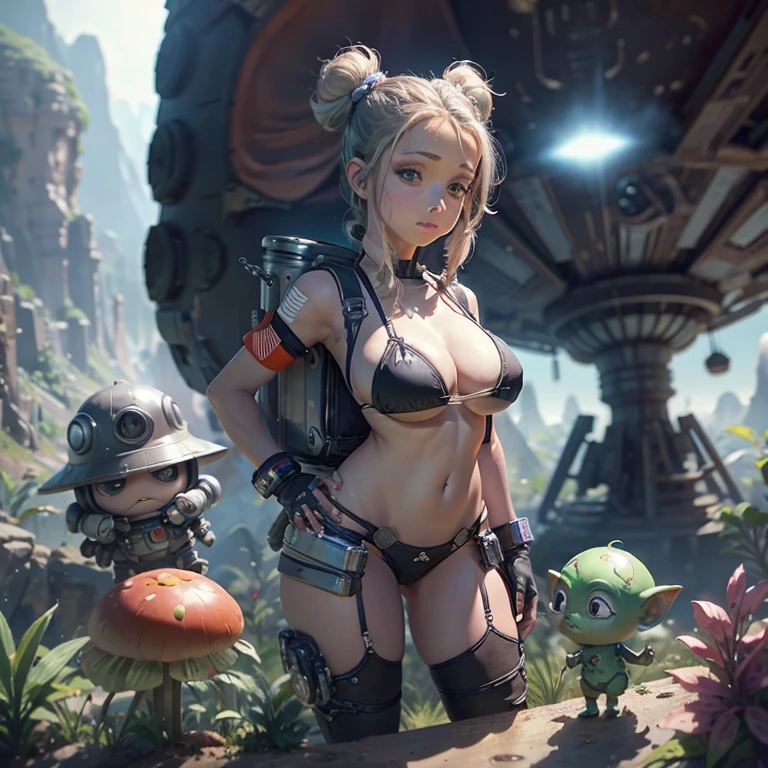 A cute woman (jet boots, jet pack, space adventurer bikini, laser pistol, future hairdo), is exploring an alien world covered in mushrooms and tiny goblin like creaures
