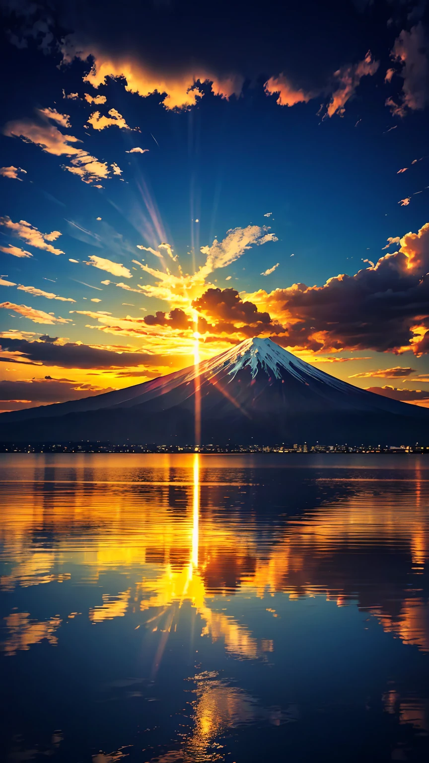 (Ultra-realistic:1.2), High resolution, (Bright colors, High resolution:1.1), (Sharp focus:1.1), (Physically Based Rendering:1.1), Tyndall effect, Colorful lights, (((Light shines through the gaps in the clouds))), Beautiful perspective, Contrasting Shadows, Moving configuration, Realistic scenery, unique configuration, Soft texture, Intricate details, Mysterious atmosphere, An artistic exploration of light and shadow,Angel Ladder、Golden dazzling light、Sunlight reflecting off the ocean surface、A world view that captivates all who see it、mount.Fuji Mountain