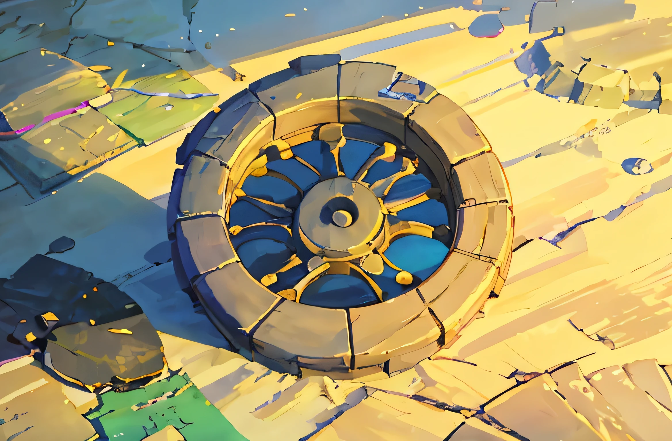 summer, A roulette board carved out of stone on the beach sand., A stone pulling wheel stuck into the ground at an angle, No shadows, Bright light all over the screen
