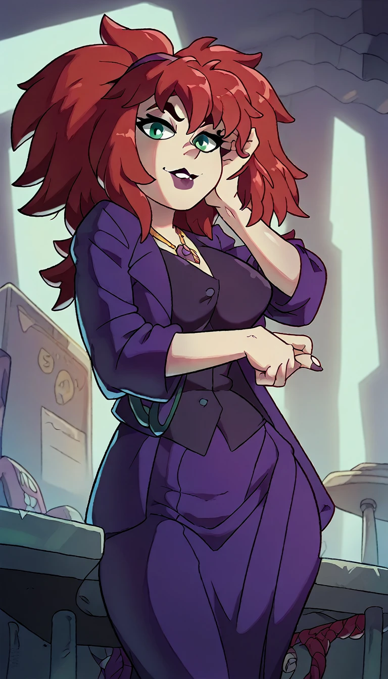 An attractive sexy hex girl with a big breast wears red hair, a tousled cut, her green eye, wears a purple button-down office coat and a long purple skirt with a black heel. 