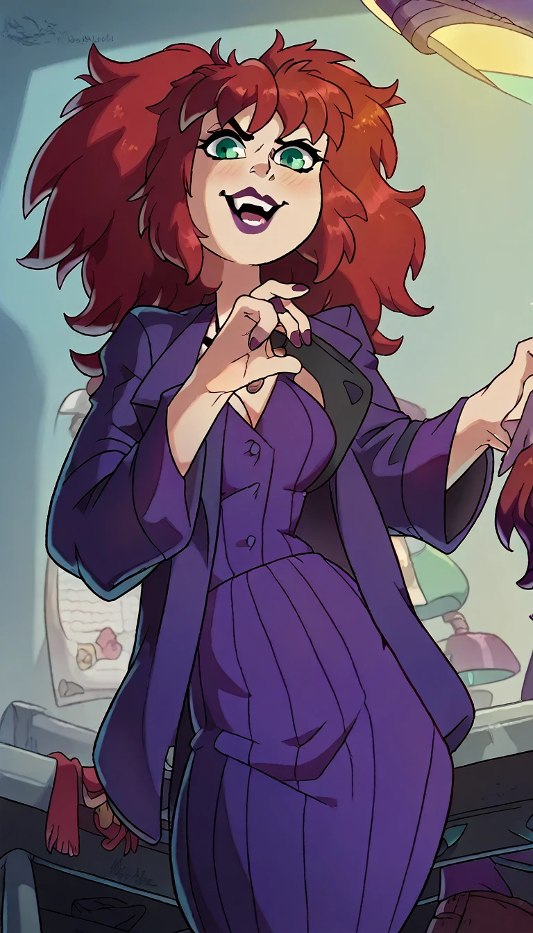 An attractive sexy hex girl with a big breast wears red hair, a tousled cut, her green eye, wears a purple button-down office coat and a long purple skirt with a black heel. 