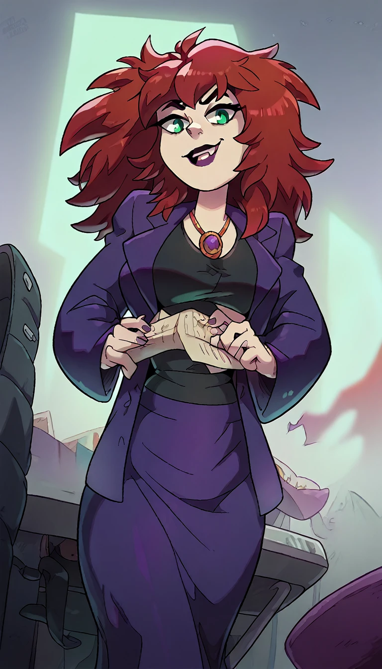 An attractive sexy hex girl with a big breast wears red hair, a tousled cut, her green eye, wears a purple button-down office coat and a long purple skirt with a black heel. 