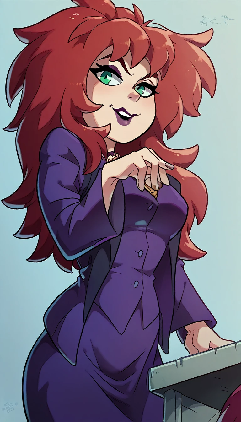 An attractive sexy hex girl with a big breast wears red hair, a tousled cut, her green eye, wears a purple button-down office coat and a long purple skirt with a black heel. 