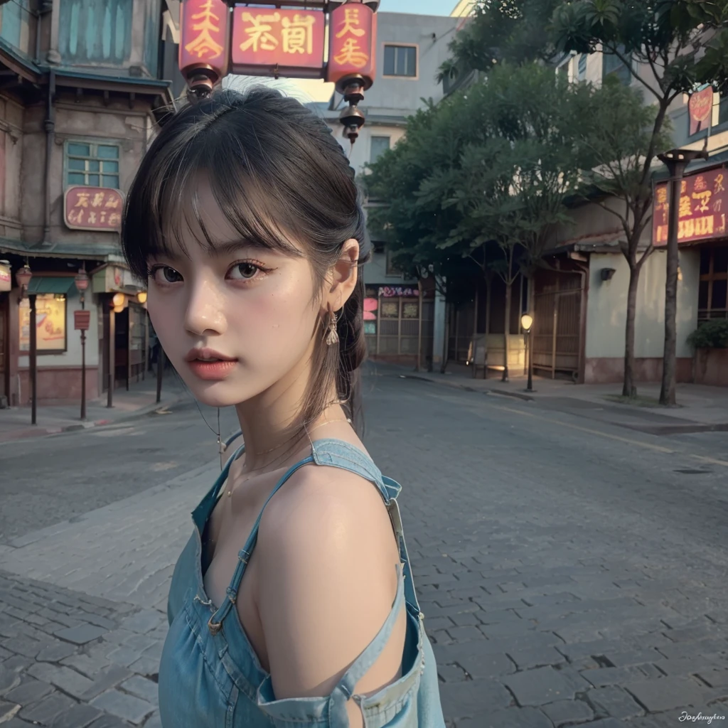 a beautiful girl, detailed eyes and lips, standing alone on the middle of a street in Thailand's Chinatown, 1girl, high contrast, vibrant colors, cinematic lighting, photorealistic, 8k, extremely detailed, hyper realistic, masterpiece, digital art, cinematic, muted tones, dramatic lighting, moody atmosphere, detailed environment, intricate architecture, cobblestone street, neon signs, lush greenery, atmospheric haze, beautiful detailed face, elegant pose, breathtaking, cinematic composition, flawless detail, stunning realism