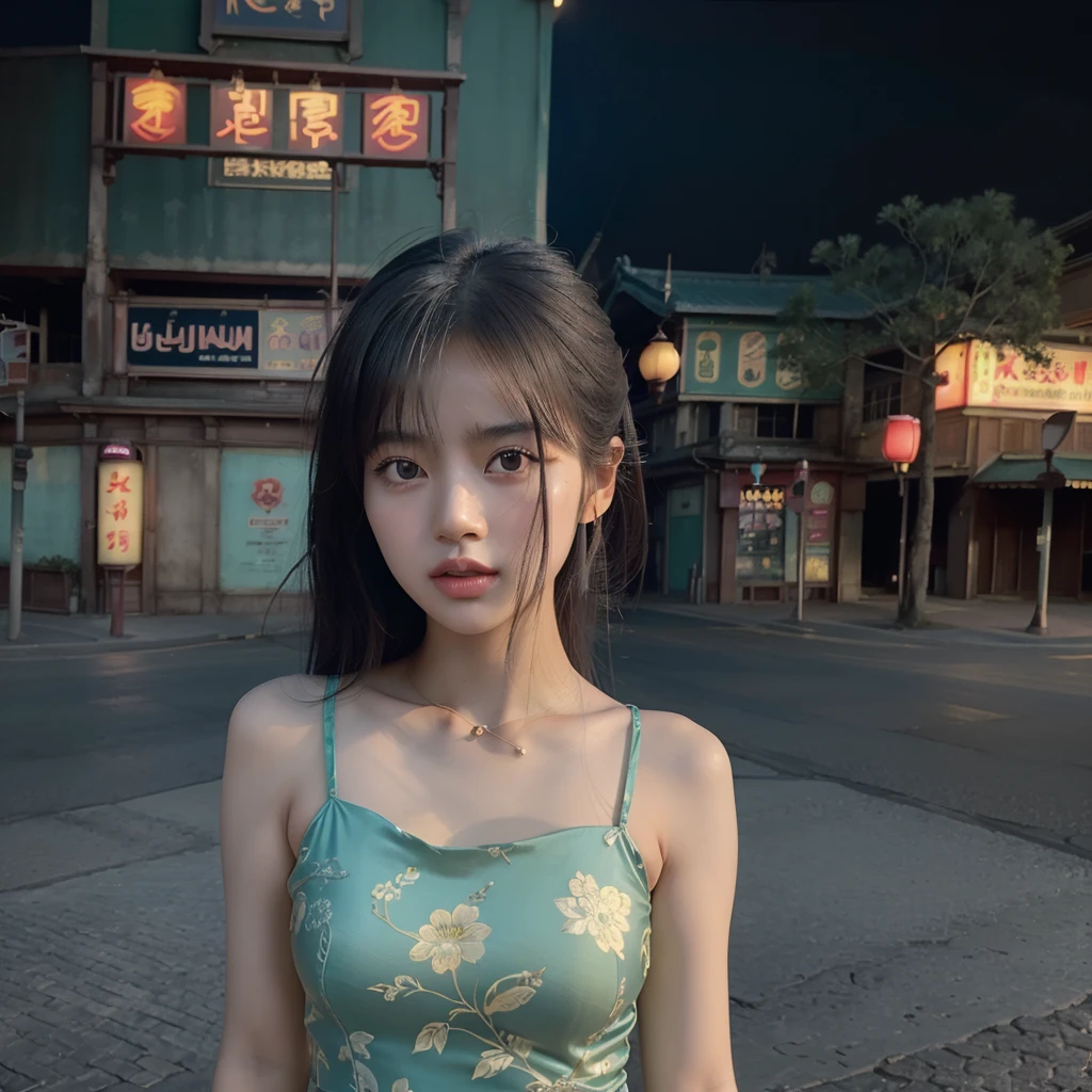 a beautiful girl, detailed eyes and lips, standing alone on the middle of a street in Thailand's Chinatown, 1girl, high contrast, vibrant colors, cinematic lighting, photorealistic, 8k, extremely detailed, hyper realistic, masterpiece, digital art, cinematic, muted tones, dramatic lighting, moody atmosphere, detailed environment, intricate architecture, cobblestone street, neon signs, lush greenery, atmospheric haze, beautiful detailed face, elegant pose, breathtaking, cinematic composition, flawless detail, stunning realism