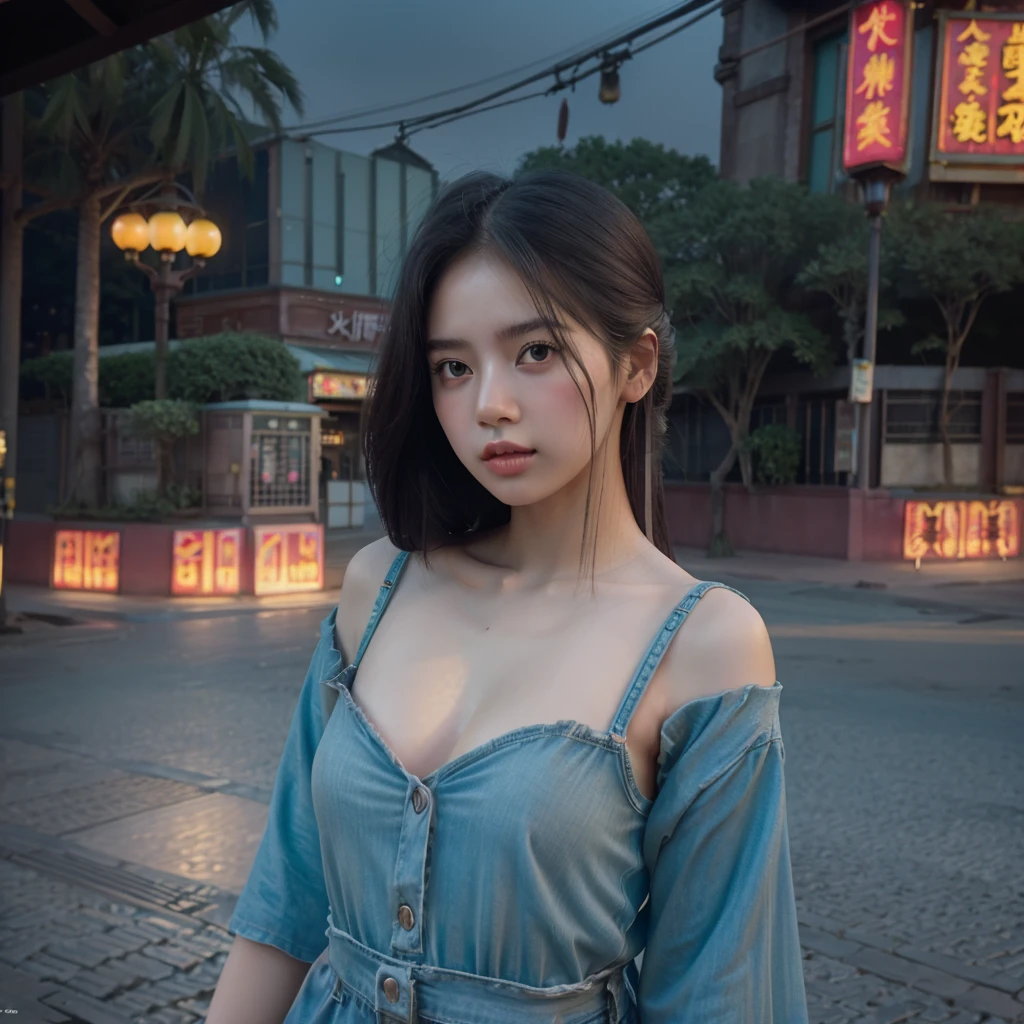 a beautiful girl, detailed eyes and lips, standing alone on the middle of a street in Thailand's Chinatown, 1girl, high contrast, vibrant colors, cinematic lighting, photorealistic, 8k, extremely detailed, hyper realistic, masterpiece, digital art, cinematic, muted tones, dramatic lighting, moody atmosphere, detailed environment, intricate architecture, cobblestone street, neon signs, lush greenery, atmospheric haze, beautiful detailed face, elegant pose, breathtaking, cinematic composition, flawless detail, stunning realism