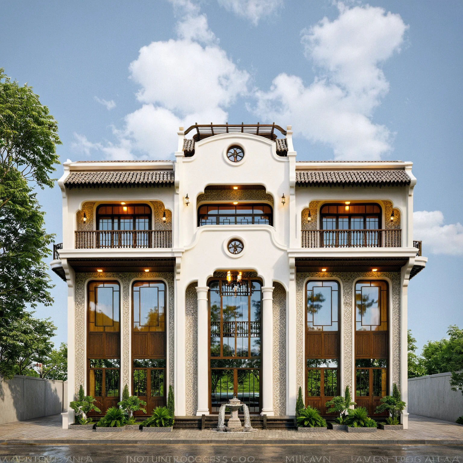 Raw photo,Masterpiece, high quality, best quality, authentic, super detail,
exterior, outdoors, house style indochine on the street ,aiaigroup, (wooden celling:1.2),
road,pavement, grass, trees, sky, cloud, (day:1.1)