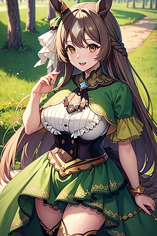 (masterpiece),(Highest quality:1.0), (Ultra-high resolution:1.0), Detailed illustrations, 8K, Pretty face, Big Breasts、Plump、Plump、noon、Frills, Black Ascot, Green Dress, (Sleeves are longer than the wrist:1.2), Black knee socks、whole body、grassland、Long Hair, Half Up, Braiding, Hair between the eyes, Animal ears, earrings, Horse tail、Cowboy Shot, Are standing, Outdoor, smile, Open your mouth