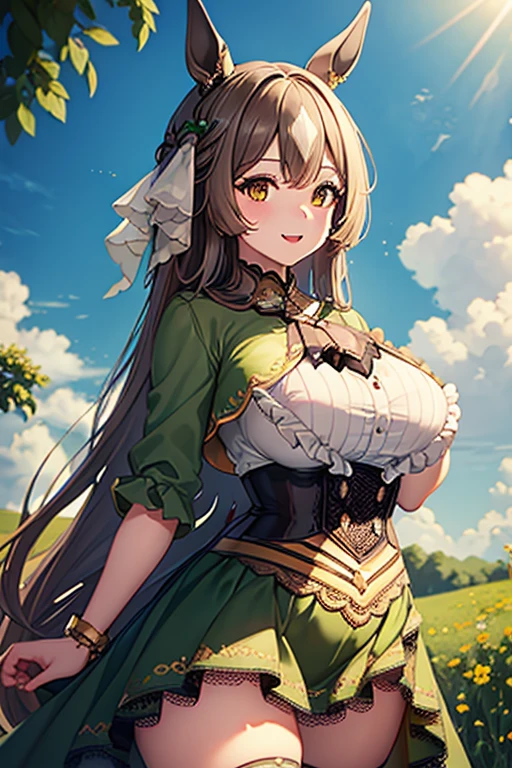 (masterpiece),(Highest quality:1.0), (Ultra-high resolution:1.0), Detailed illustrations, 8K, Pretty face, Big Breasts、Plump、Plump、noon、Frills, Black Ascot, Green Dress, (Sleeves are longer than the wrist:1.2), Black knee socks、whole body、grassland、Long Hair, Half Up, Braiding, Hair between the eyes, Animal ears, earrings, Horse tail、Cowboy Shot, Are standing, Outdoor, smile, Open your mouth