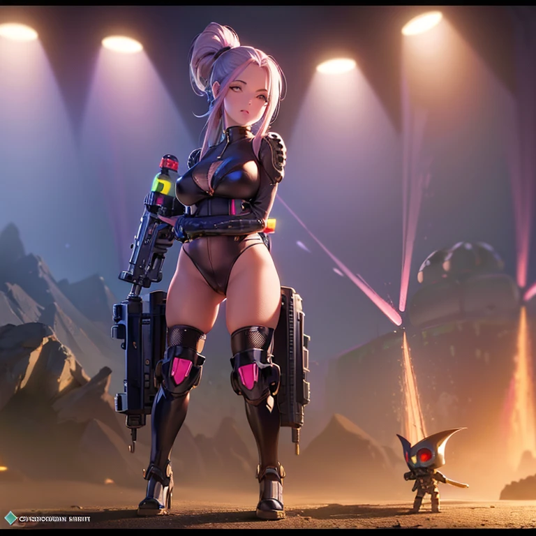 a cute woman, jet boots, jet pack, space adventurer bikini, laser pistol, future hairdo, exploring alien world, mushrooms, tiny goblin-like creatures, detailed face, realistic, cinematic lighting, vibrant colors, high resolution, 8k, photorealistic, detailed environment, award winning concept art, hyper detailed, studio quality
