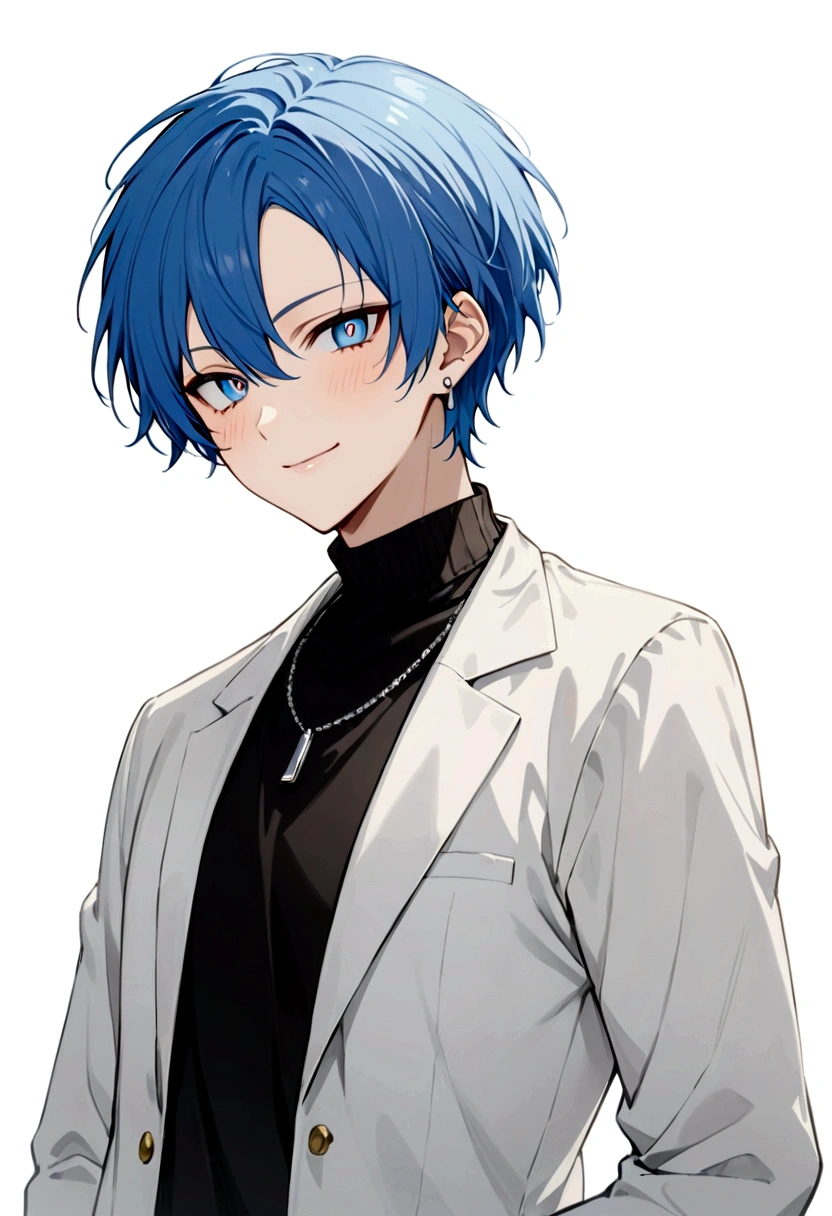アップバhmmグ、Streaming portrait、solo、Only one person、male、30 years old、front、View center、frontから、front、グレーのJacket、smile、Long earrings、イケメhmm、youth、イケメhmm、male、male性、Short Hair(masterpiece, best quality:1.2), 30 years old、White background、male性、Rin々Shii、Sharp eyes、、Black turtleneck、Black clothes、Blue Hair、blue eyes、whole body、White background、male性、Short Hair、front向き、hmm、Jacket、カーゴパhmmツfront向き、male、ネックレスmaleらShii服装、Silver necklace、
