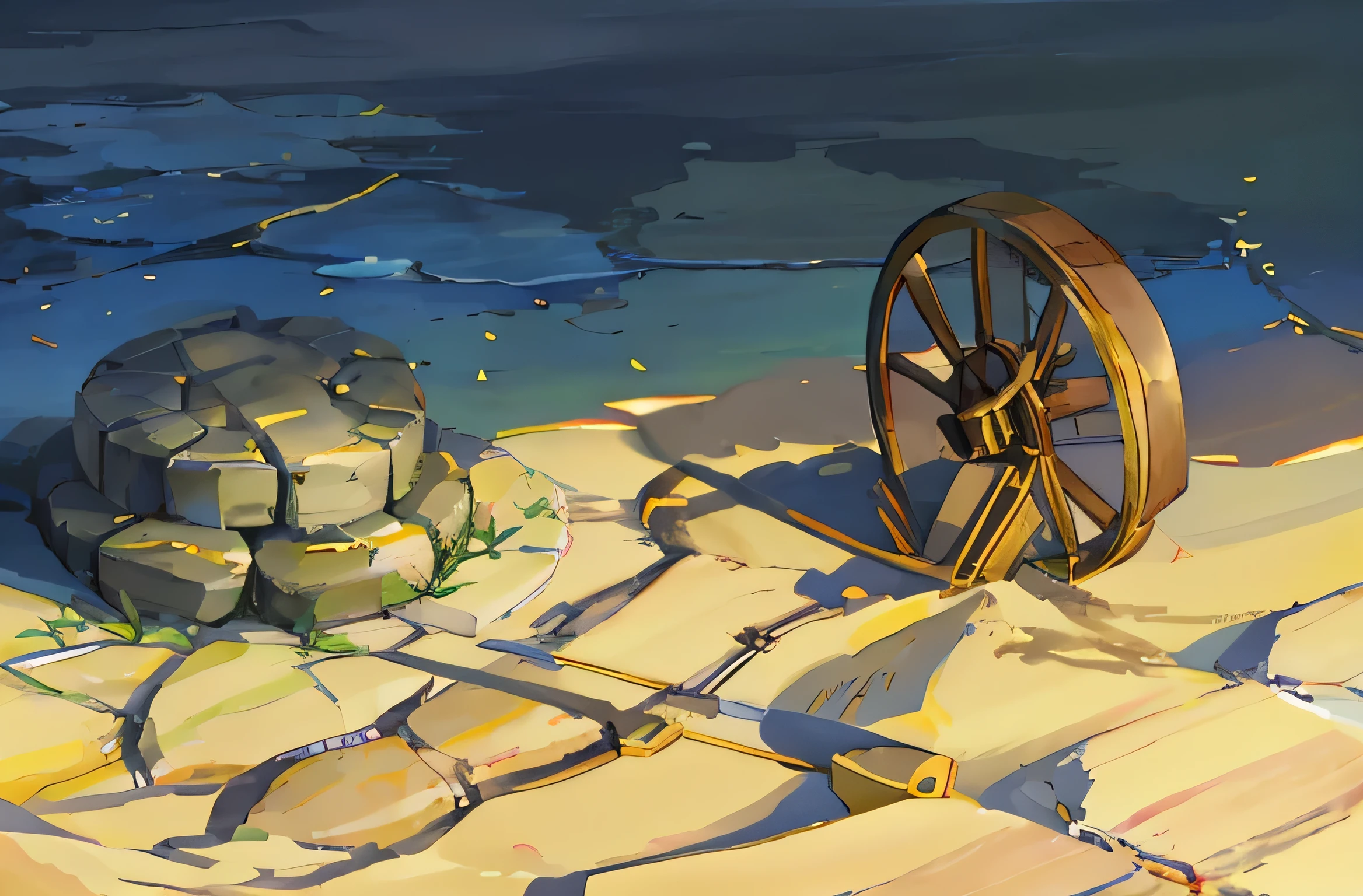 summer, A roulette board carved out of stone on the beach sand., A stone pulling wheel stuck into the ground at an angle, No shadows, Bright light all over the screen