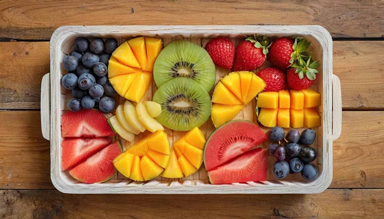 "A highly detailed, top-down macro view of ripe fruit slices, with two slices of each type carefully arranged one by one in separate sections of a polystyrene case, sold as street food. The case is placed on a rustic light brown wooden table, showcasing slices of mango, watermelon, pineapple, strawberries, blueberries, cherries, peaches, plums, apricots, and grapes. The vibrant colors and textures of the fruits stand out against the backdrop of the wooden table."