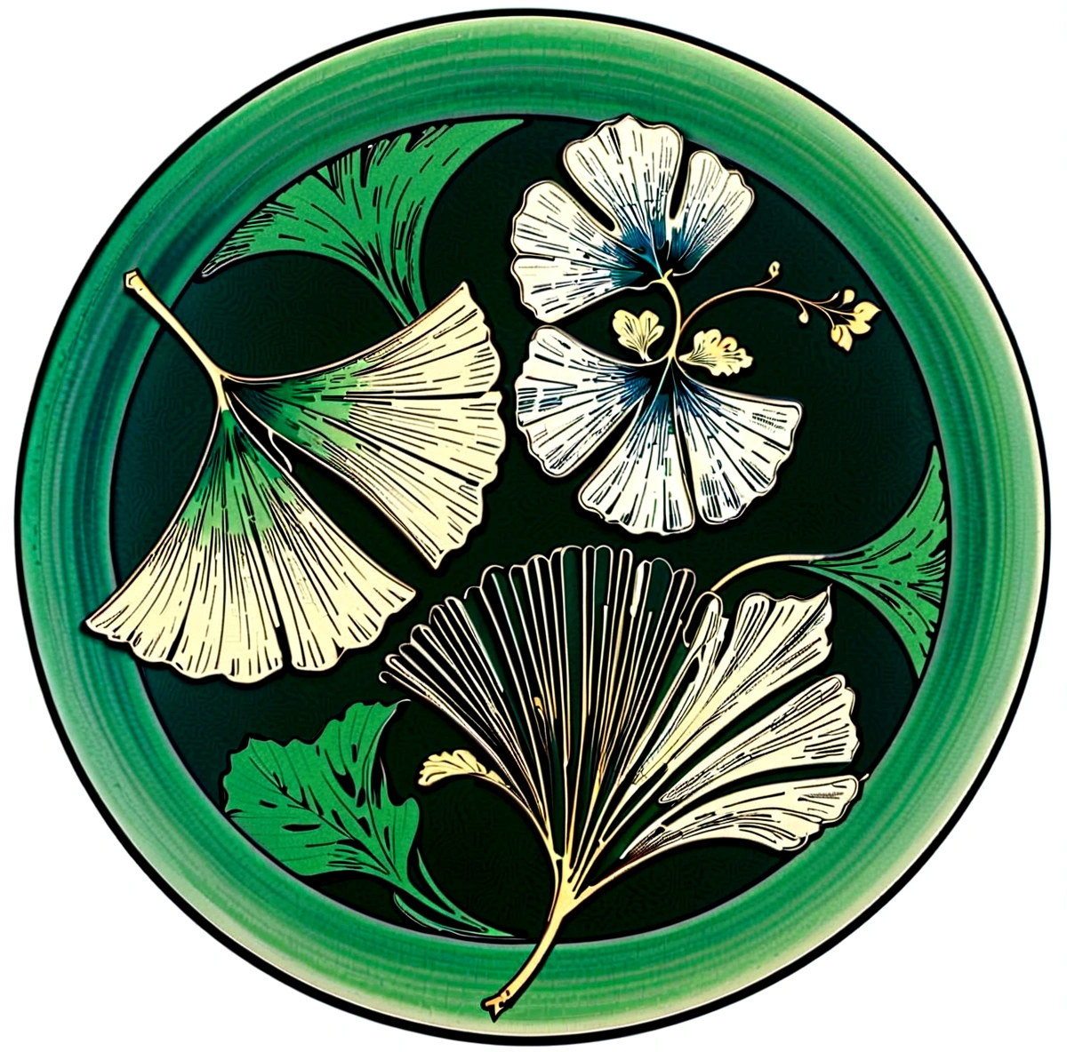 kamon,an indigo-green circle with a leaf pattern in the middle showing 3 gingko leaves growing towards each other with Japanese finger waves reaching into the gaps, inspired by Masamitsu Ōta, inspired by Katsushika Ōi, intricate art deco leaf designs, inspired by Shūbun Tenshō, inspiriert von Ogata Kōrin, inspired by Ogata Gekkō, inspired by ernst häckel