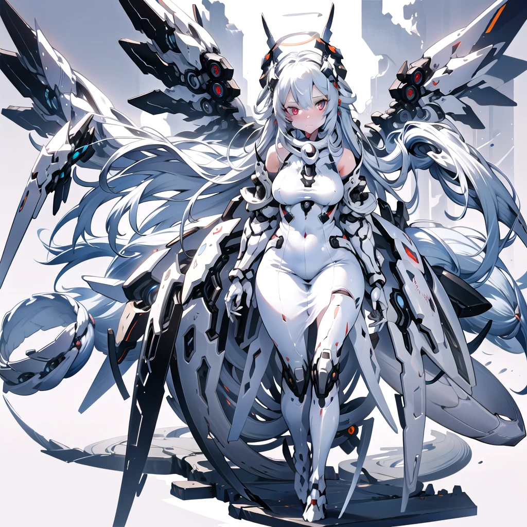 masterpiece, highest quality, highest resolution, clear_image, detailed details, White hair, long hair, cat ears, 1 girl, red eyes, white pantyhose, sci-fi dress, white scarf (white scarf around the neck with a light blue glow), gray futuristic halo (gray halo over the head), white wings (4 wings), cute, full body, no water marks, snow