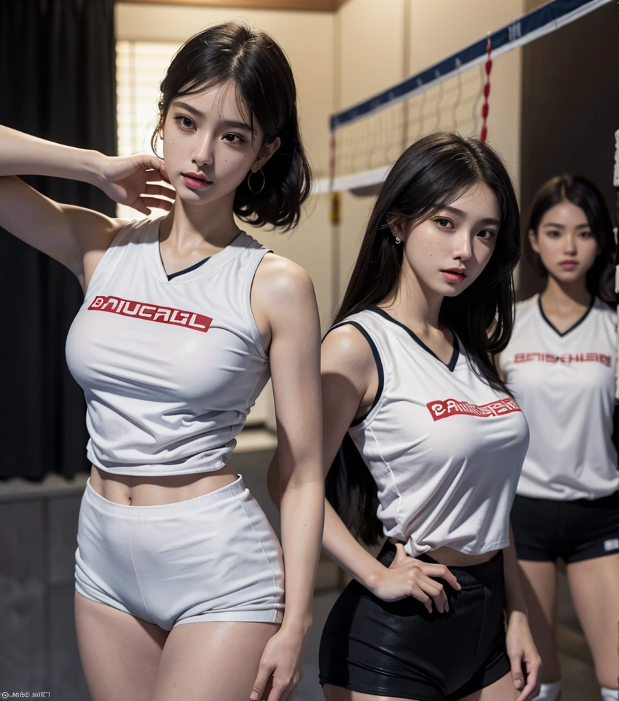 absurdres, RAW photo, extremely delicate and beautiful, masterpiece, Best Quality, ultra high resolution, 32k, hyperrealistic, ultra-detailed, Very detailed CG 8k wallpaper, Beautiful Lighting, Perfect Lightning, Realistic Shadows, (perfect anatomy:1.2), super Detailed skin, perfect figure, Japanese woman, late 20s, very Slim body, narrow waist, very small head, handsome detailed woman, very detailed eyes and face, realistic face proportions, Stunning detailed eyes, Realistic beautiful face, very small face, Realistic small beautiful eyes, tearful mole, earring, (very huge round breasts:1.2), full body shot, medium hair, black hair, (volleyball Jersey:1.4), (shorts:1.2), (3 girls:1.4), sleeveless,
