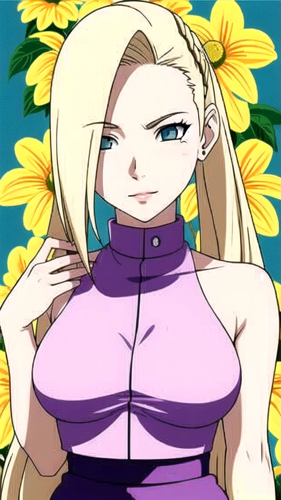 1girl, blonde hair, a close up of a woman with long blonde hair and flowers in her hair, her hair is blonde, pigtails hairstyle, with yellow flowers around it, long blond braided hair, long braided blond hair, blonde braided hair, blond hair with pigtails, she has blond hair, flowers on hair, aqua eyes, big breast, small waist, wide hips, purple crop top, purple skirt, thighhighs, white heels, ((detailed face and eyes:1.5)), intrincate details, best quality, high resolution, anime ilustration, anime style, 