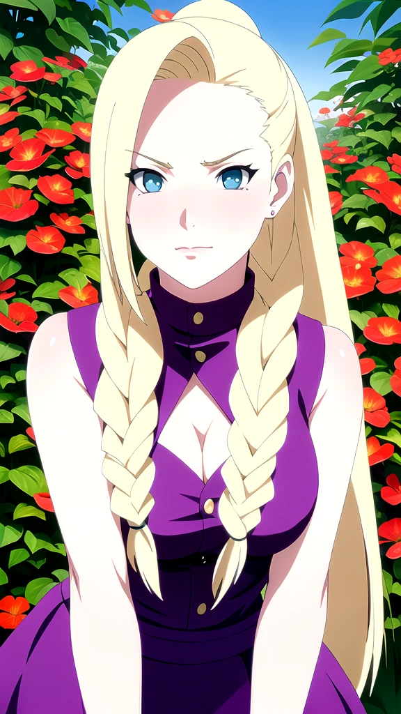 1girl, blonde hair, a close up of a woman with long blonde hair and flowers in her hair, her hair is blonde, pigtails hairstyle, with yellow flowers around it, long blond braided hair, long braided blond hair, blonde braided hair, blond hair with pigtails, she has blond hair, flowers on hair, aqua eyes, big breast, small waist, wide hips, purple crop top, purple skirt, thighhighs, white heels, ((detailed face and eyes:1.5)), intrincate details, best quality, high resolution, anime ilustration, anime style, 