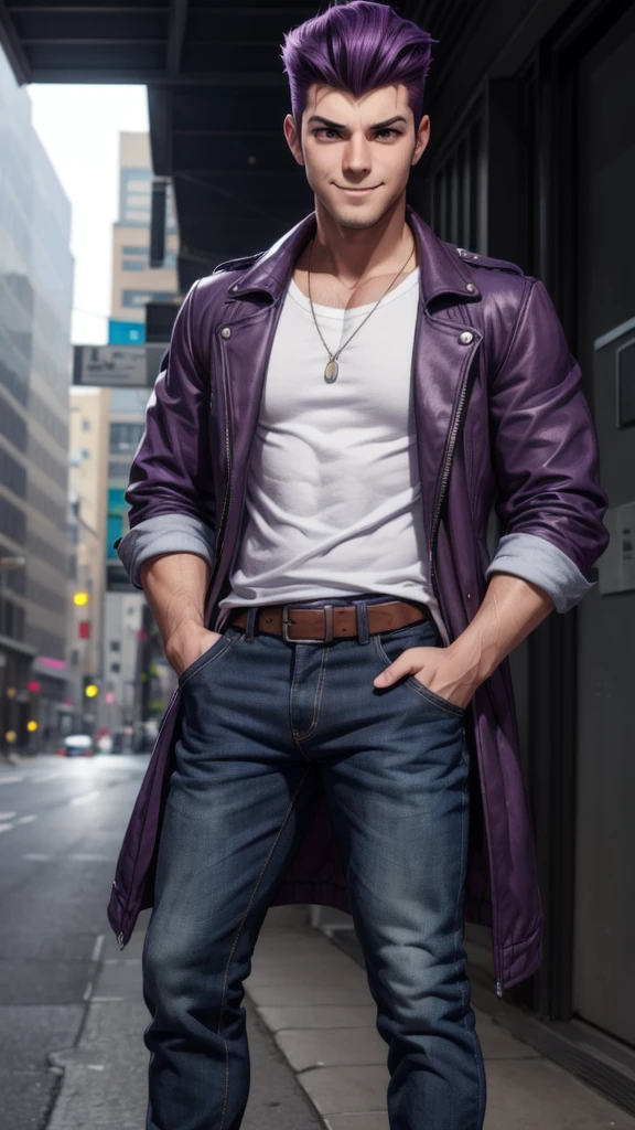 A delinquent boy with purple pompadour, wearing a , smiling, realistic depiction, highest quality, 8k, hands in pockets,