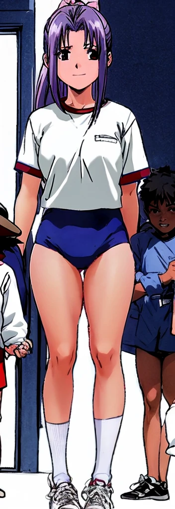 Momoko Koigakubo, a tall girl with beautiful legs, is standing there smiling in her white gym clothes and light navy blue bloomers that look like panties.。In front of Momoko, standing next to her, is a first grade boy wearing a tracksuit with a big smile on his face, and Momoko is holding him.。