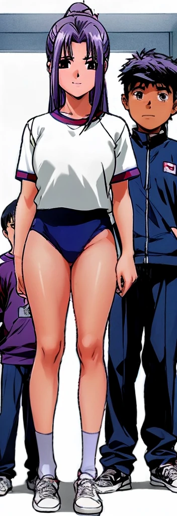 Momoko Koigakubo, a tall girl with beautiful legs, is standing there smiling in her white gym clothes and light navy blue bloomers that look like panties.。In front of Momoko, standing next to her, is a first grade boy wearing a tracksuit with a big smile on his face, and Momoko is holding him.。