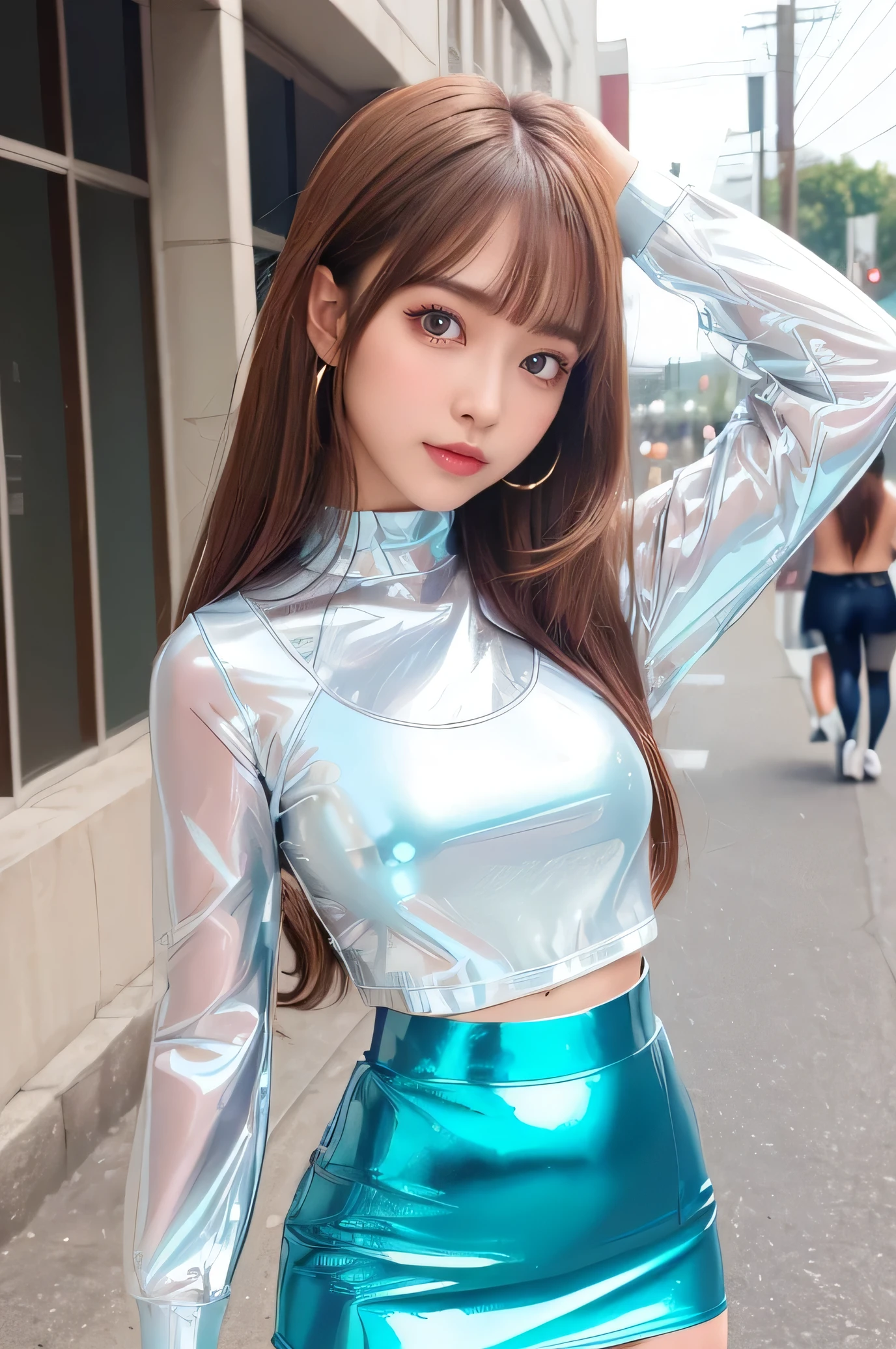 (Very beautiful young girl:1.2), (li face:1.4), (large eyes:1.2), (clear-eyed), small straight nose, small mouth, (v-line jaw:1.1), Beautiful detailed eyes, Detailed double eyelids, Long straight brown hair, see-through bangs, beautiful detailed face, drooping eyes, (Fair skin: 1.3),(16 yo:1.2),(smiling),BREAK (Super Shiny metallic turquoise Tight mini Skirt :1.3),
(Super shiny white Brilliant and stylish latex summer tops:1.3) , (super large fishnet pantyhose:1.1) , Walking,
Costume lighting,(costume with strong reflective surfaces:1.3),
In the street ,
(Brown hair:1.3)