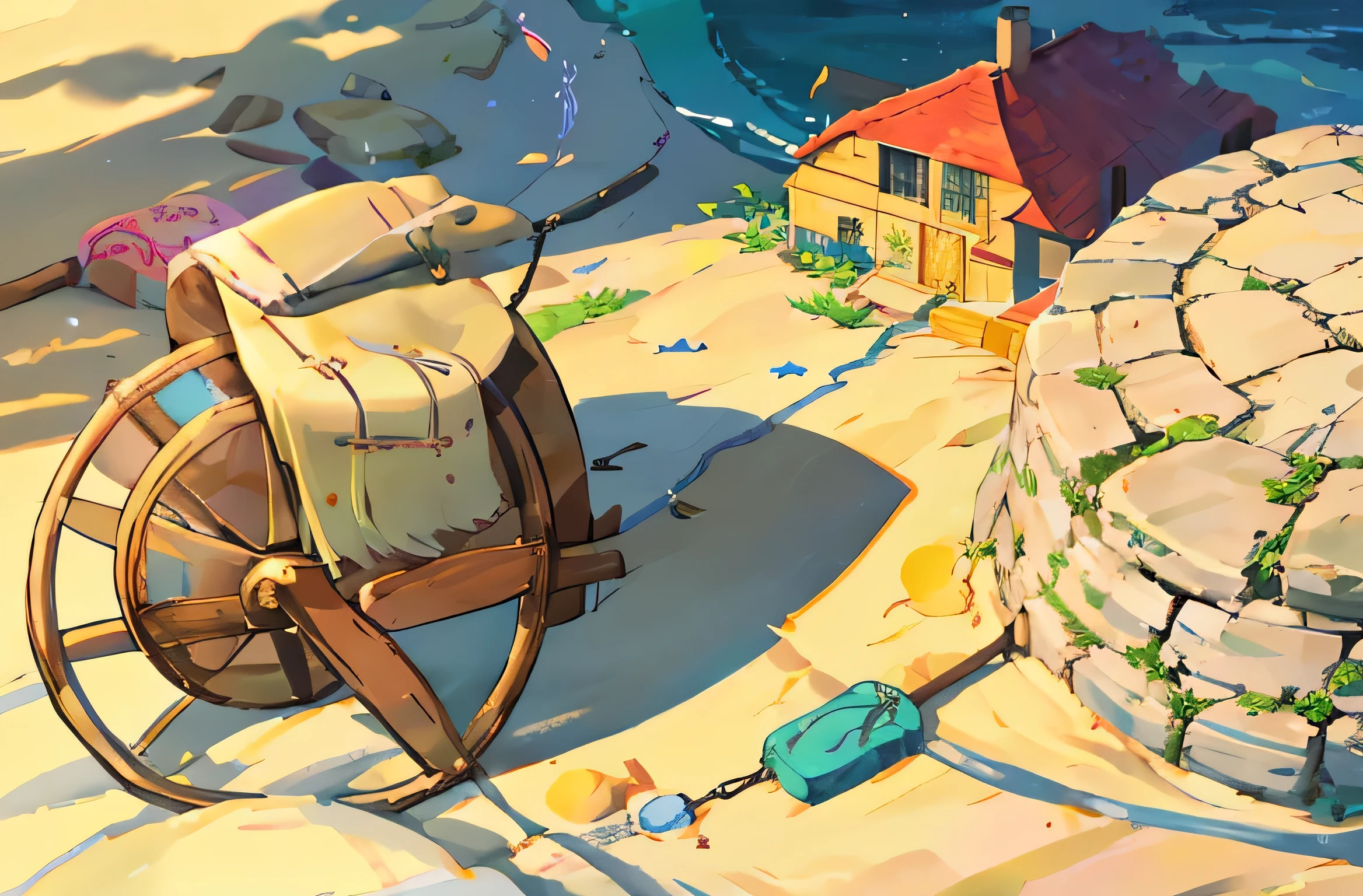 summer, A roulette board carved out of stone on the beach sand., A stone pulling wheel stuck into the ground at an angle, No shadows, Bright light all over the screen