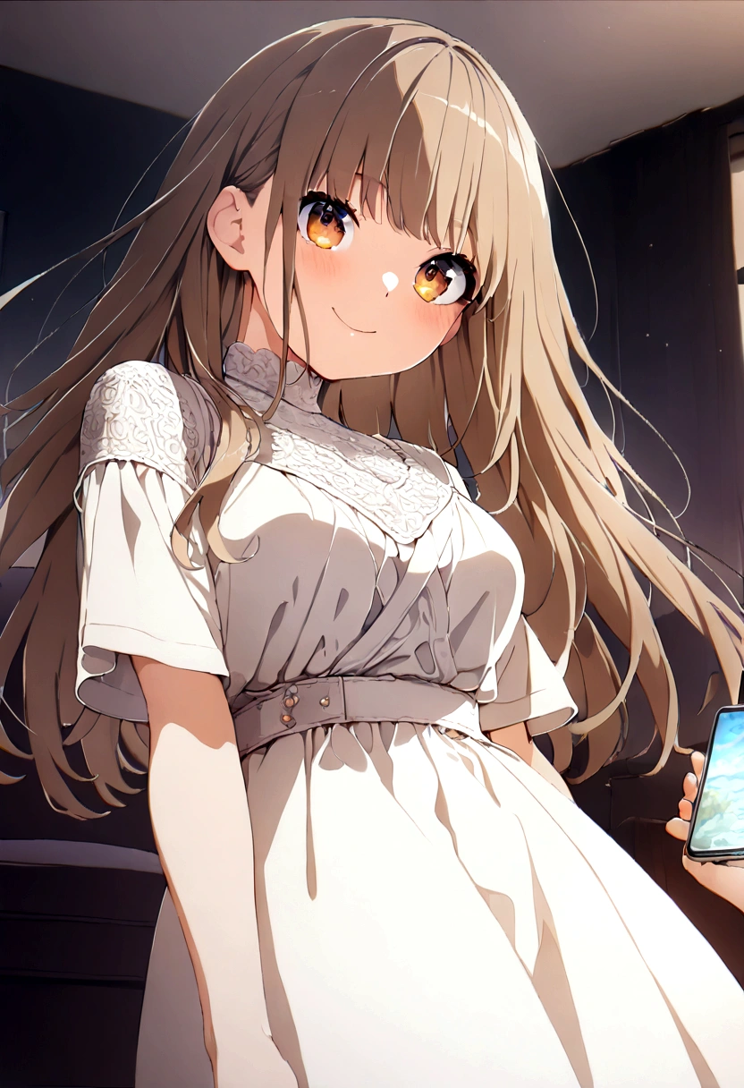 ((1girl)),  super fine illustration, vibrant colors, absurdres extremely detailed CG, 8k wallpaper, (masterpiece:1.3), dynamic angle, dynamic pose, 
best quality, depth of field, cinematic lighting, ultra detailed, brown long hair, very straight hair, large breast, white knit dress , 20yo, cute, kawaii, smile, droopy eyes, arms at sides, smartphone, modern living room, The smartphone screen is facing towards you