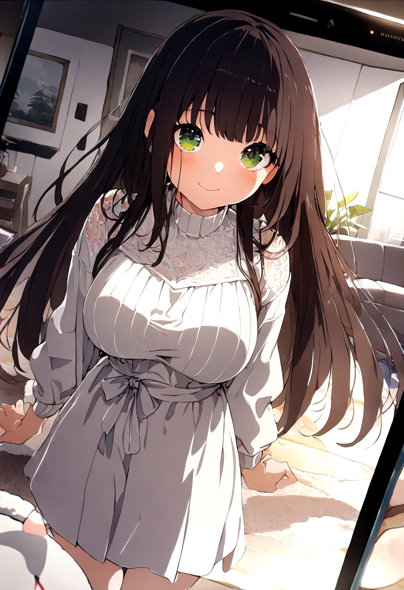 ((1girl)), super fine illustration, vibrant colors, absurdres extremely detailed CG, 8k wallpaper, (masterpiece:1.3), dynamic angle, dynamic pose,
best quality, depth of field, cinematic lighting, ultra detailed, brown long hair, very straight hair, large breast, white knit dress , 20yo, cute, kawaii, smile, droopy eyes, arms at sides, smartphone, modern living room, The smartphone screen is facing towards you