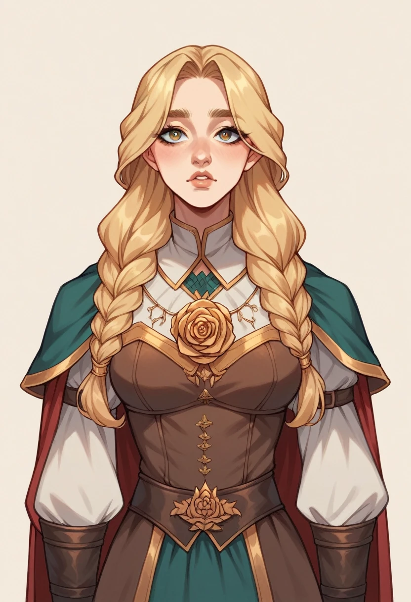A 15-year-old female human with an ectomorph build, light-medium skin, and long, rose gold hair styled simply. Her triangular face is delicate and pretty, with almond-shaped eyes that are full of dreams. Thin lips and a small, straight nose give her a sweet and gentle appearance. Her medium, high-arched eyebrows add a touch of sophistication to her youthful beauty. Clothing of a medieval fantasy adventurer warrior traveler