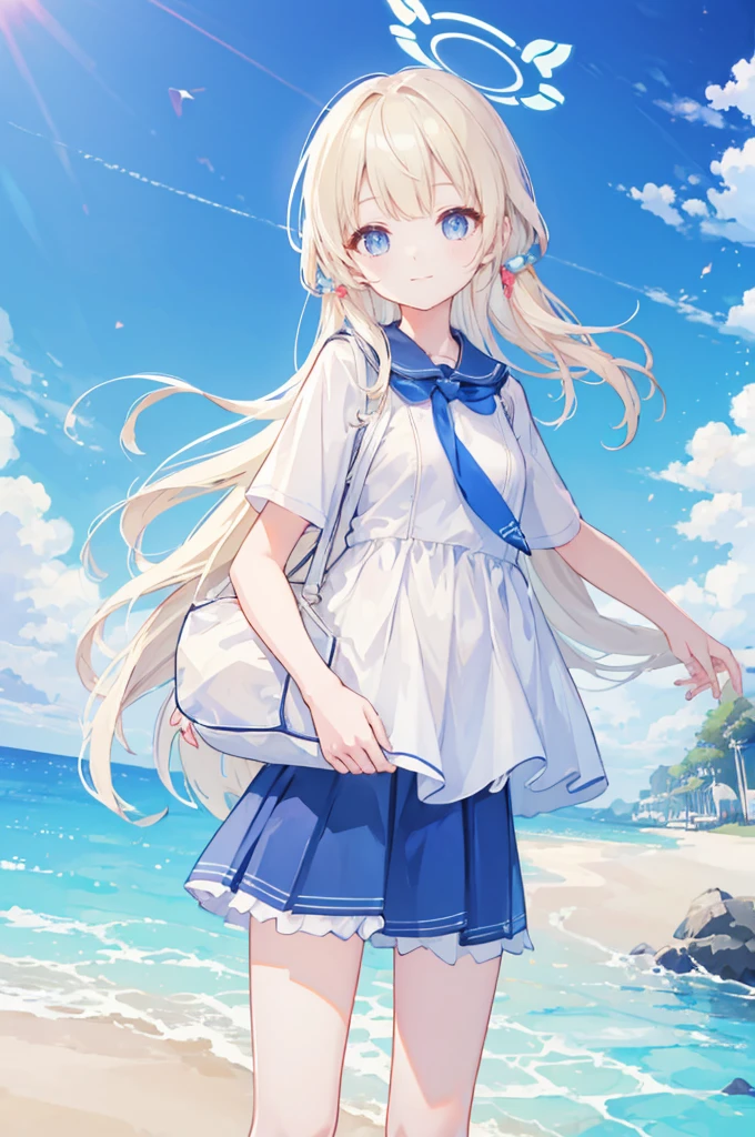 (high quality illustration:1.2)、(Young woman too:1.0)、(single:1.0)、(Clothes with new designs:1.0)、(Clothes designed like the characters in the game:1.0)、(upper body:1.0) 、high resolution、4K:1.0)、light cream colored hair、white casual summer dress,young girl, smiling warmly