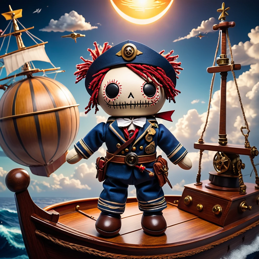 (knitted toy voodoo doll:1.5), (Voodoo on the deck of the Titanic:1.7), (Clothing: elegant outfit of the early 1900s:1.0), (Accessories: life preserver, necklace with blue stone:1.1), (background: majestic ship with floating life preservers, ocean waves and a sense of romance:1.2), best quality, masterpiece, detailed soft oil painting, detailed background, dramatic cinematic lighting, soft edge lighting, professional, dramatic lighting, hard edge lighting, ultra quality, 4k,masterpiece, best quality, 8k, ultra highres, highres, extremely detailed