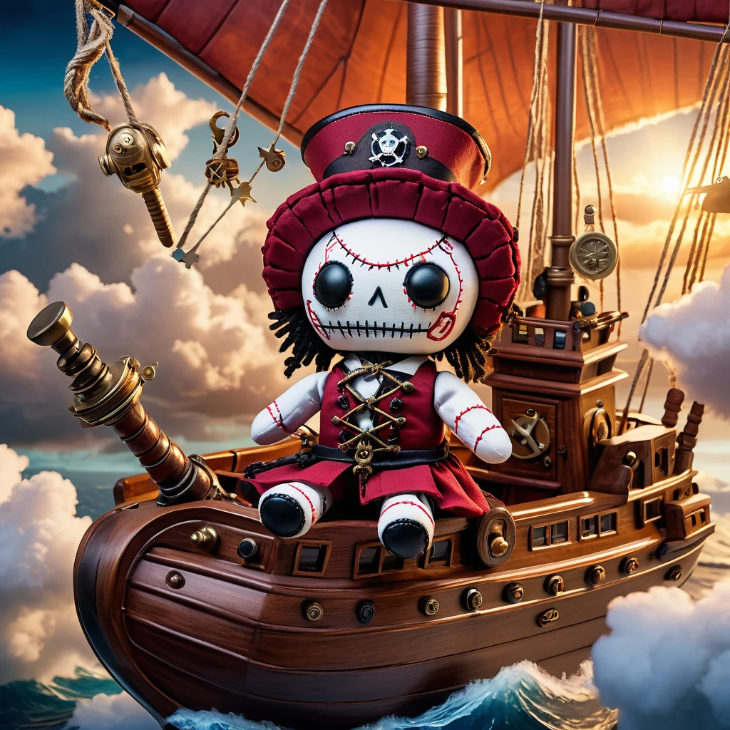 (knitted toy voodoo doll:1.5), (Voodoo Doll on a Flying Ship:1.3), (Clothing: airship captain attire with nautical patterns:1.0), (Accessories: enchanted sextant emitting silver light, floating dirigibles:1.1), (background: adventurous sky with floating ships, billowing clouds, and a bright sun:1.2), best quality, masterpiece, detailed soft oil painting, detailed background, dramatic cinematic lighting, soft edge lighting, professional, dramatic lighting, hard edge lighting, ultra quality, 4k,masterpiece, best quality, 8k, ultra highres, highres, extremely detailed