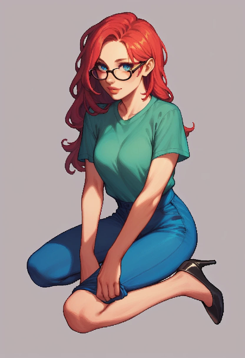 score_9, score_8_up, score_7_up, score_6_up, detailed pixel art of a woman, pale, smooth skin, blue eyes, long straight red hair, full lips, slender physique, green t-shirt, glasses, blue pants, black heels