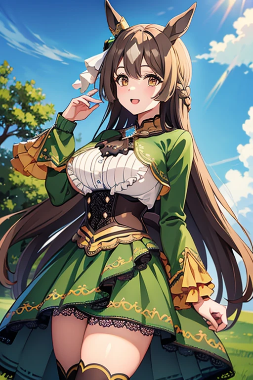 (masterpiece),(Highest quality:1.0), (Ultra-high resolution:1.0), Detailed illustrations, 8K, Pretty face, Big Breasts、Plump、Plump、noon、Frills, Black Ascot, Green Dress, (Sleeves are longer than the wrist:1.2), Black knee socks、whole body、grassland、Long Hair, Half Up, Braiding, Hair between the eyes, Animal ears, earrings, Horse tail、Cowboy Shot, Are standing, Outdoor, smile, Open your mouth