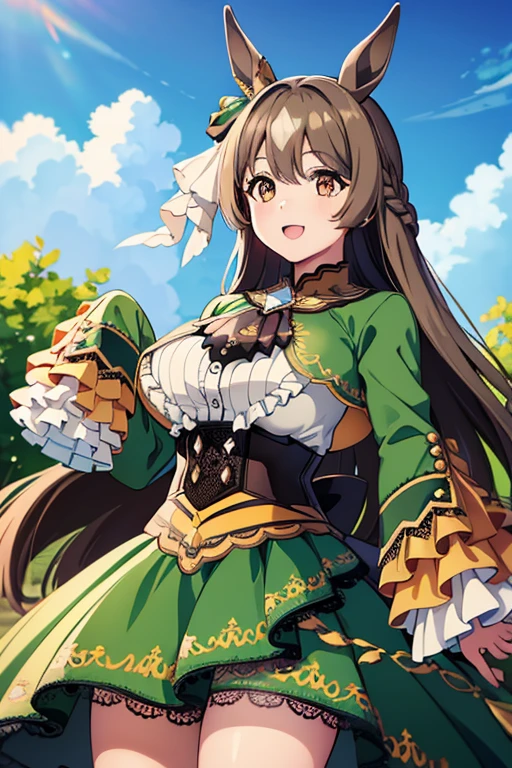 (masterpiece),(Highest quality:1.0), (Ultra-high resolution:1.0), Detailed illustrations, 8K, Pretty face, Big Breasts、Plump、Plump、noon、Frills, Black Ascot, Green Dress, (Sleeves are longer than the wrist:1.2), Black knee socks、whole body、grassland、Long Hair, Half Up, Braiding, Hair between the eyes, Animal ears, earrings, Horse tail、Cowboy Shot, Are standing, Outdoor, smile, Open your mouth