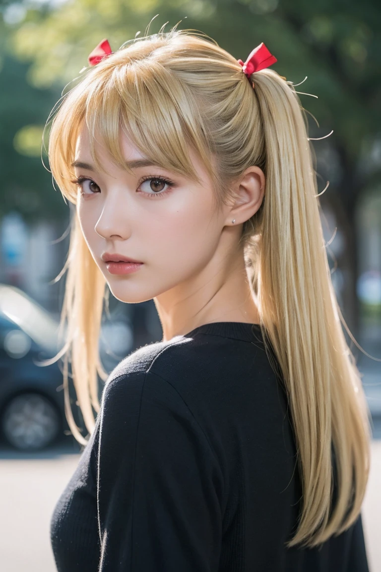 rui satome,(Best quality,4K,8K, yes,A high resolution,Masterpiece:1.2),Ultra-detailed,(Realistic,Photorealistic,photo-realistic:1.37),Illuminated, ,独奏,1 girl,long hair ,blonde hair，portrait,Put your hands behind your back，twintail,sawachika eri, twintails, long hair, blonde hair, medium breasts, brown eyes, hair ribbon