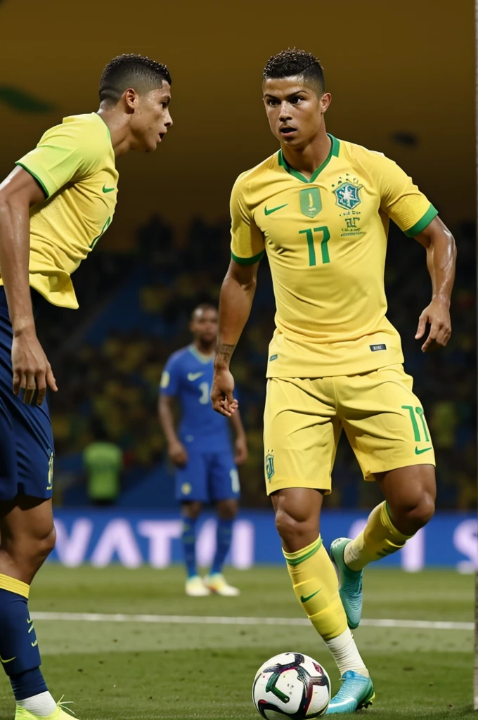 Ronaldo and Vinicius in a brazil jersey, coming out of a hole