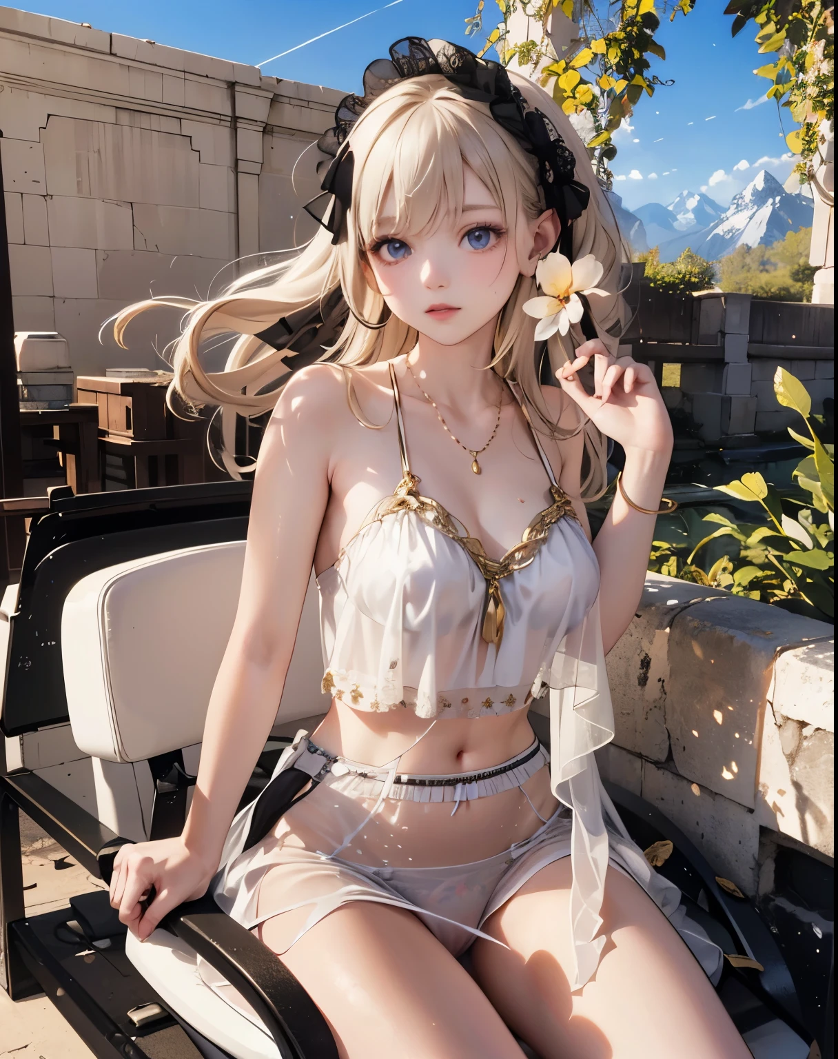 (masterpiece,top quality,Best quality,official art,beautiful and aesthetically pleasing:1.2),beautiful princess,At the foot of the mountain,mountains in the distance,Correct anatomy,Full length photo,convex,Cute big breasts,open chest,legs separated,plum,Desire for dissatisfaction,only genitalia, camel toes,Sexual gesture,(Long hair and long meat),gentle face, detailed eyes,Correct anatomy,detailed face, detailed eyes,Holy Rays,gold foil,gold leaf art,deep background,absurdity,fantastic and incredible,Epic composition,(complex parts,hyper detail:1.2),ultra photorealistic, epic realistic, ((with neutral colors)),(pastel color:1.2), hyperrealistic, + cinematography + dynamic composition, incredibly detailed, sharpen, cinematic, warm light, light effect, dramatic light, (complex parts:1.1), complex background, (Pearl Beaded Bralet Top), ((pearl top)),