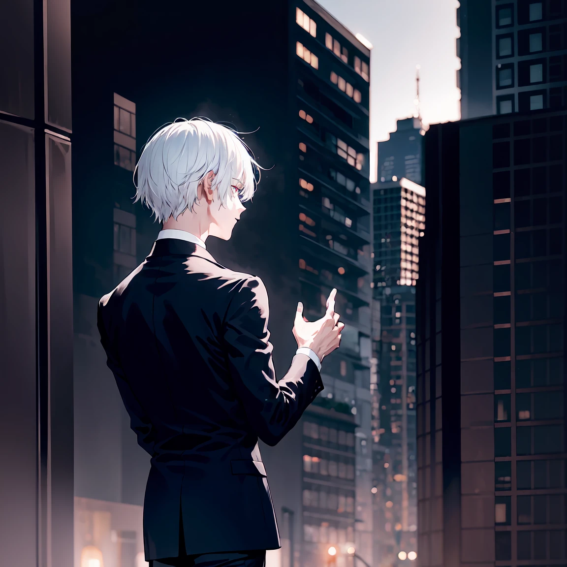 1 boy, Neck length white hair, dark purple eyes, Wearing an all black suit, top of building, high resolution, extra sharp, 8K, Masterpiece, Look at the audience from behind