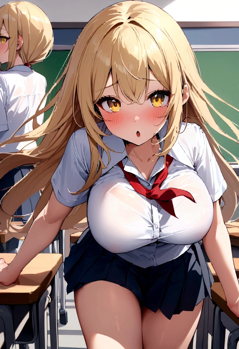 masterpiece、Highest quality、Best image quality、High resolution、Big Breasts、、School-Uniform、Red tie、Summer clothes、Blonde、Yellow Eyes、Long Hair、In the classroom、I'm in a hurry、An empty classroom