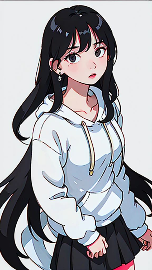 hoodie and skirt, earring, white background, simple background, blank background, black hair, long hair,
