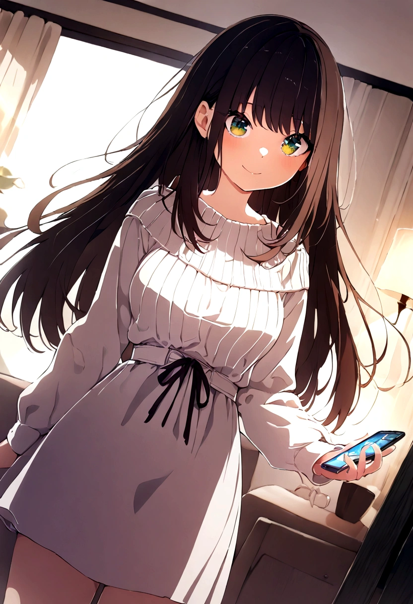 ((1girl)),  super fine illustration, vibrant colors, absurdres extremely detailed CG, 8k wallpaper, (masterpiece:1.3), dynamic angle, dynamic pose, 
best quality, depth of field, cinematic lighting, ultra detailed, brown long hair, very straight hair, large breast, white knit dress , 20yo, cute, kawaii, smile, droopy eyes, arms at sides, smartphone, modern living room, The screen of the smartphone in his hand is facing towards me