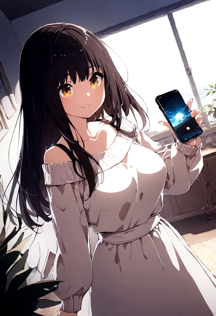 ((1girl)), super fine illustration, vibrant colors, absurdres extremely detailed CG, 8k wallpaper, (masterpiece:1.3), dynamic angle, dynamic pose,
best quality, depth of field, cinematic lighting, ultra detailed, brown long hair, very straight hair, large breast, white knit dress , 20yo, cute, kawaii, smile, droopy eyes, arms at sides, smartphone, modern living room, The screen of the smartphone in his hand is facing towards me