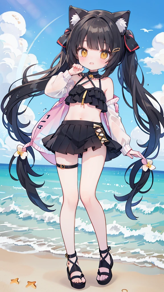 At the beach上、long hair，Yellow eyes、anime girl wearing black shoes，Very beautiful animated cat girl，，beautiful anime cat girl，At the beach，cute anime cat girl，beautiful anime girl，At the beach，Wearing black swimsuit，Wearing a black miniskirt，wearing strappy high heels，strappy high heels，seductive anime girl，on the beach，anime cat girl，Anime cute art style，anime girl