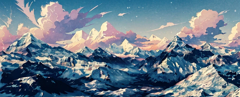 ((high resolution: 1.1))Himalayas，Snowy，The sky is magnificent。Wide panorama，high resolution、High Definition，Cool colors，Flat Wind，Minimalist illustration，Vector。